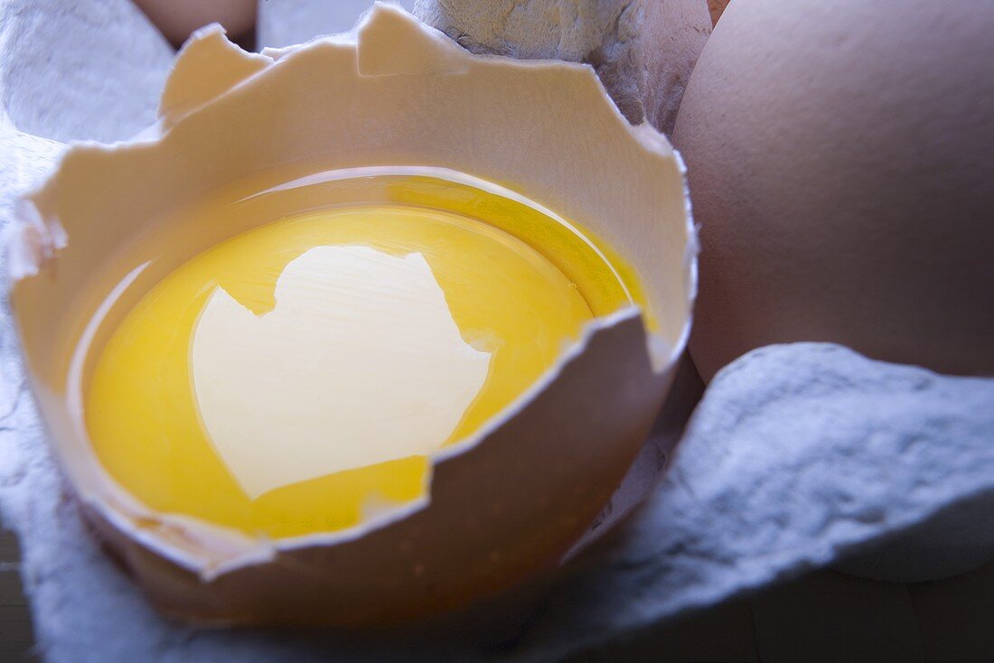 A broken egg in an egg box