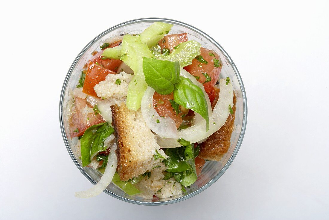 Bread, cucumber and tomato salad with basil