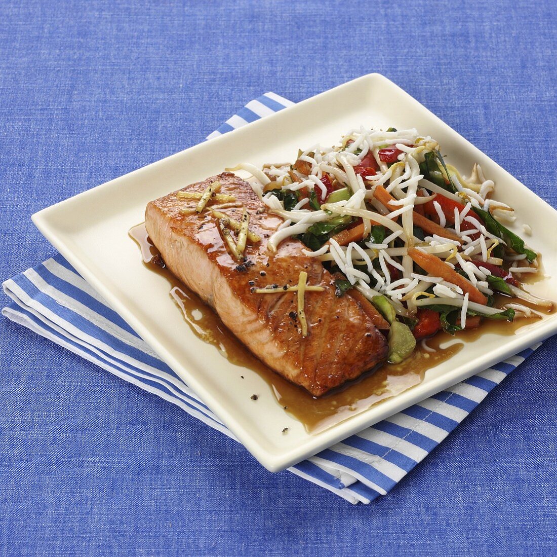 Teriyaki salmon with ginger and soya bean sprouts
