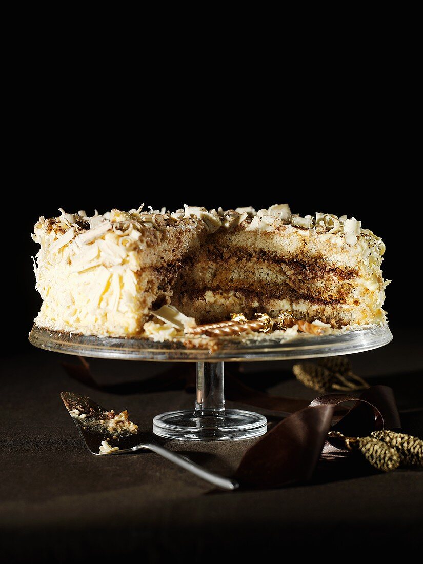 Chocolate coffee cake, a piece removed