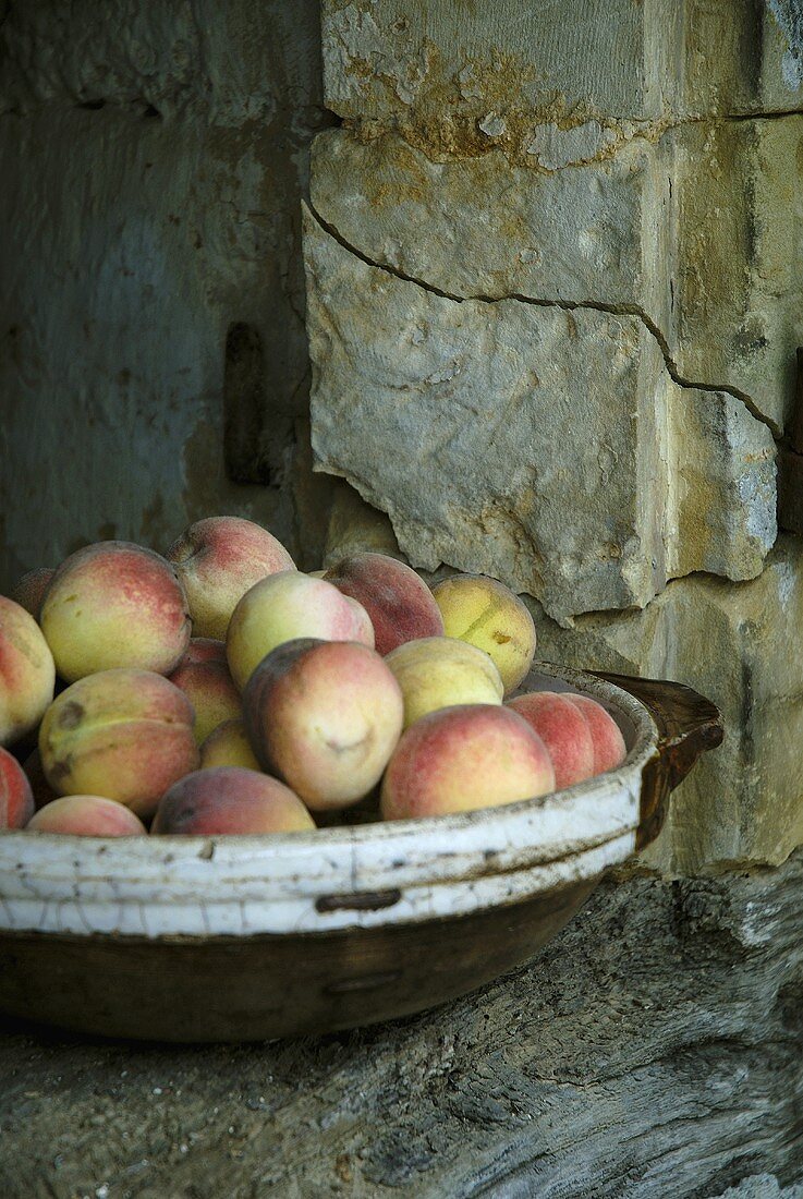 Pfirische in einer Schale an der Mauer