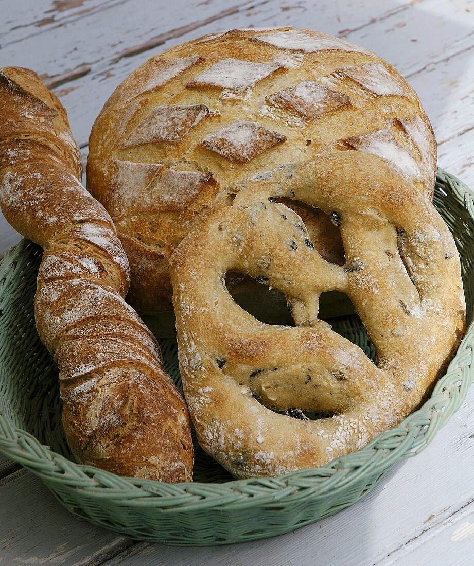 Rustic French bread, fougasse and buckwheat stick