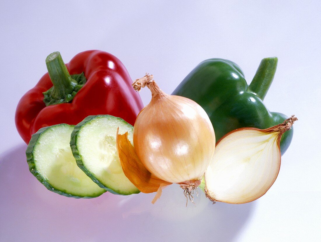 Peppers, cucumber slices, onions
