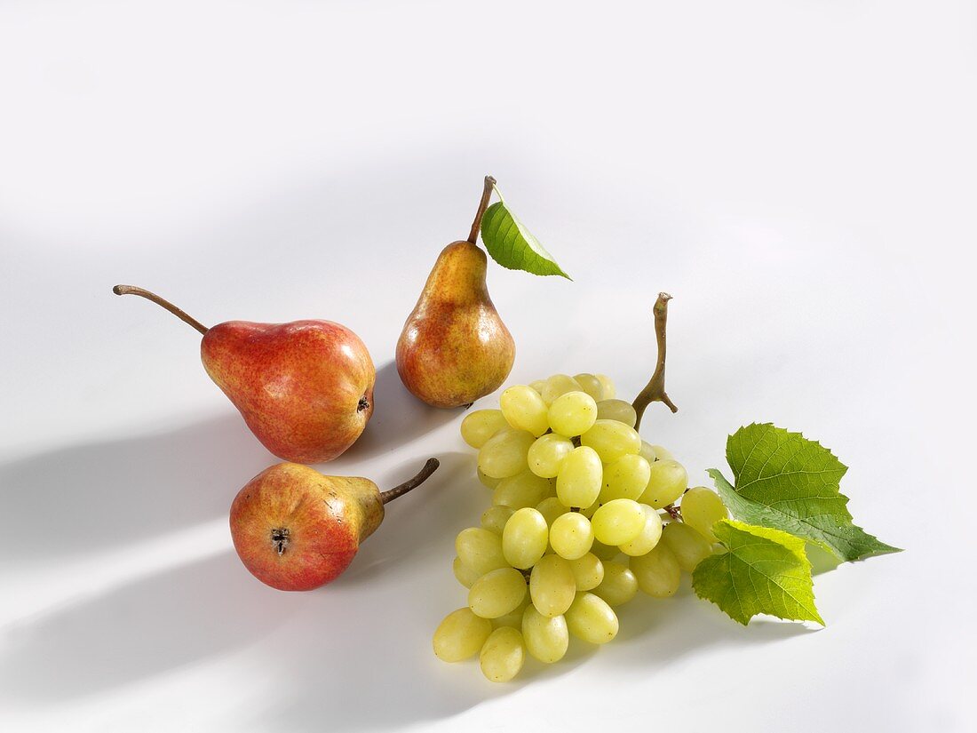 Three Williams pears and green grapes