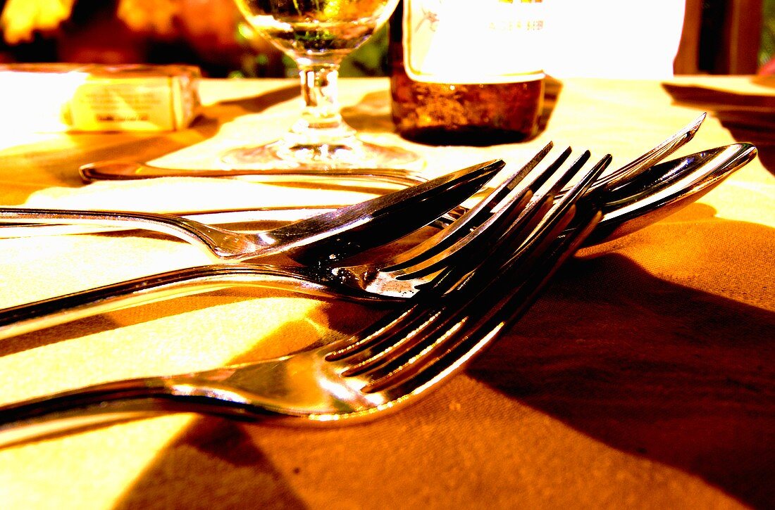 Cutlery and wine on a table