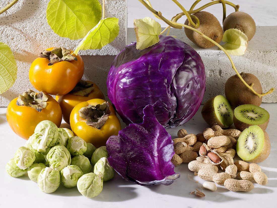 Brussels sprouts, red cabbage, persimmons, kiwi fruit and nuts