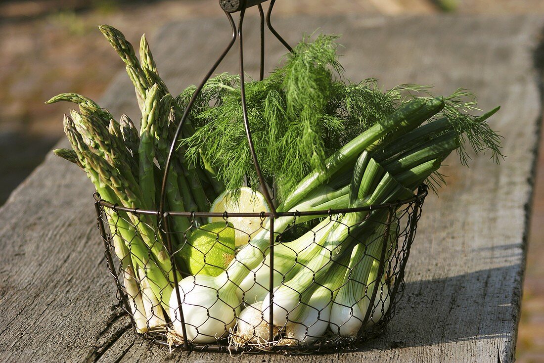 Grüner Spargel, Zwiebeln und Fenchel in einem Drahtkorb