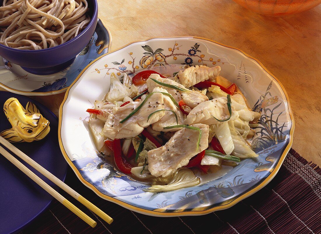 Redfish on Vegetables with Chinese Noodles