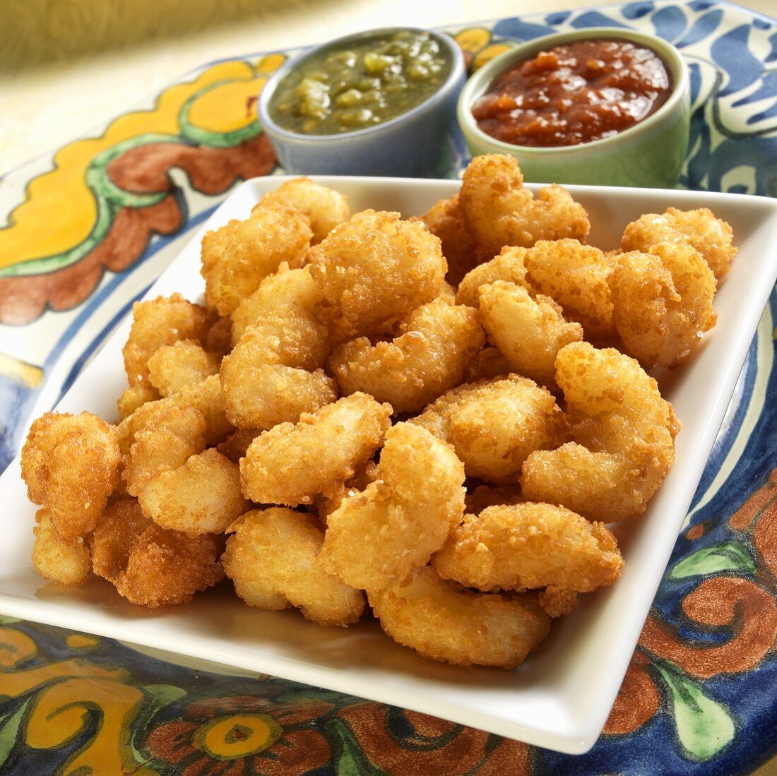 Fried Breaded Shrimp with Chili Sauce and Tomatillo Salsa