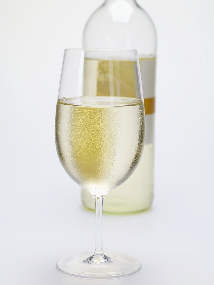 Glass of white wine in front of white wine bottle