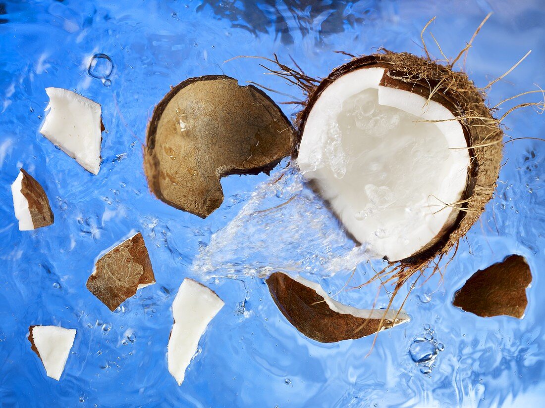 Eine Kokosnuss fällt in ein Wasserbecken