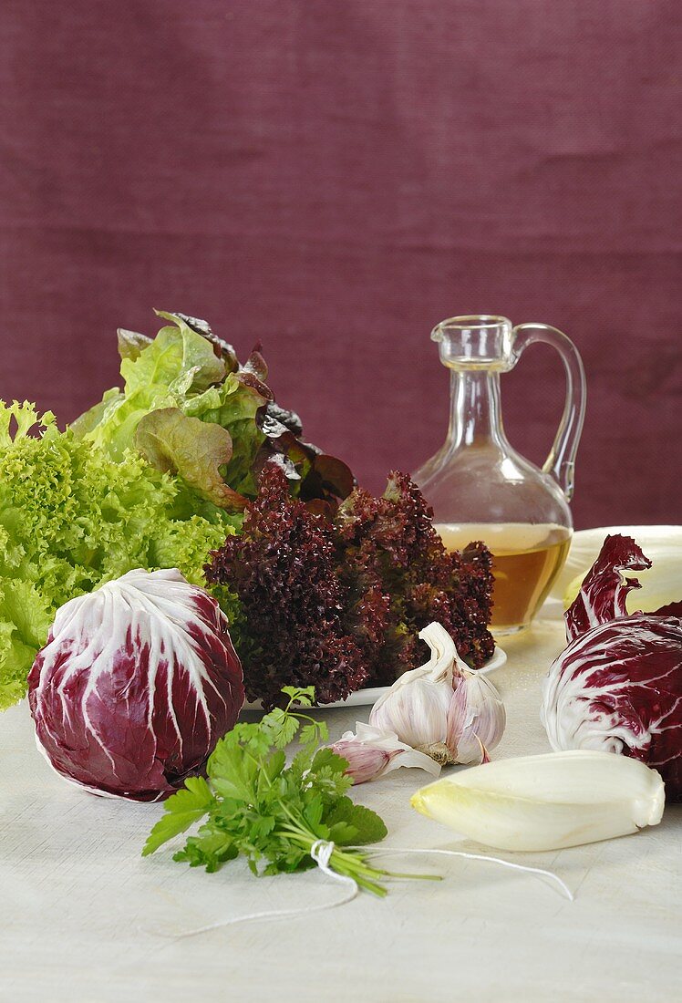 Radicchio, chicory and lettuce with garlic, vinegar and bunch of herbs