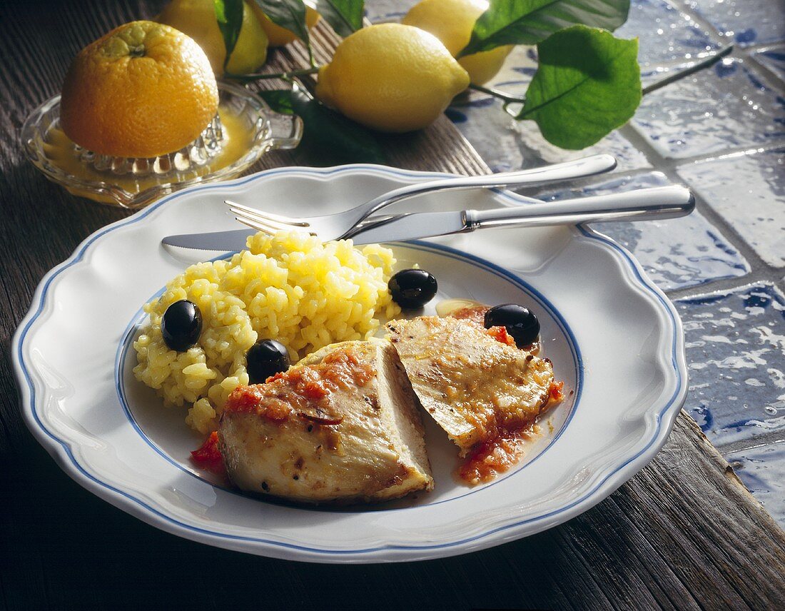 Lemon chicken with olives and saffron rice