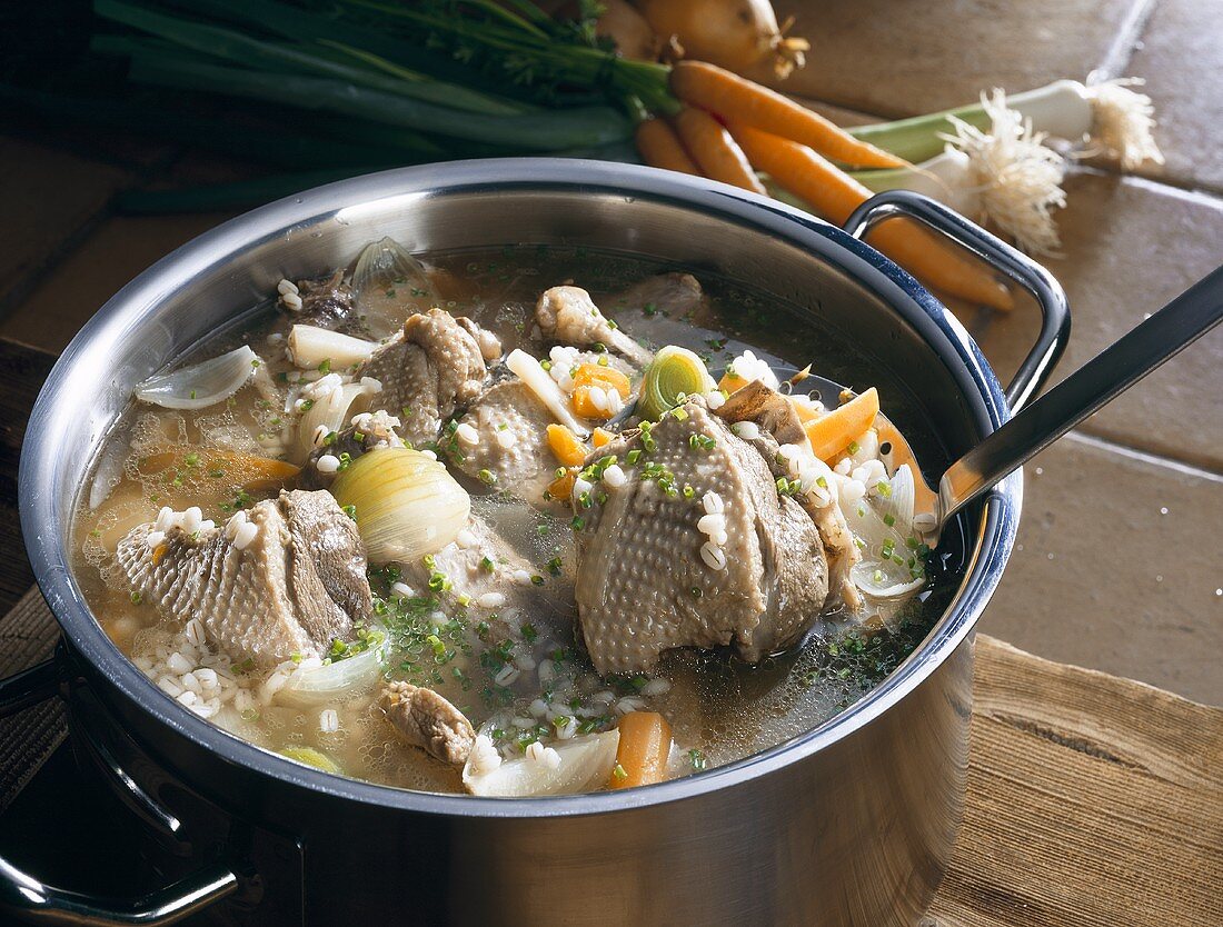 Goose and barley soup with vegetables