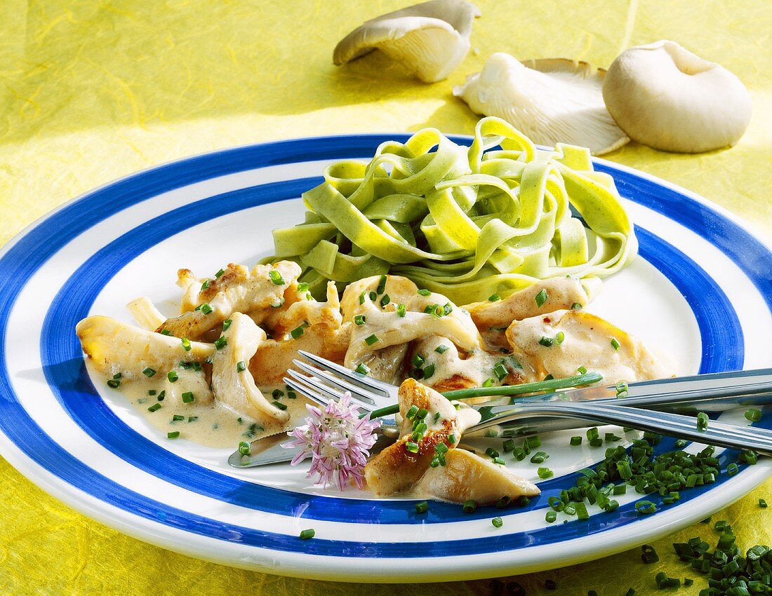 Chicken breast with oyster mushroom sauce and green tagliatelle