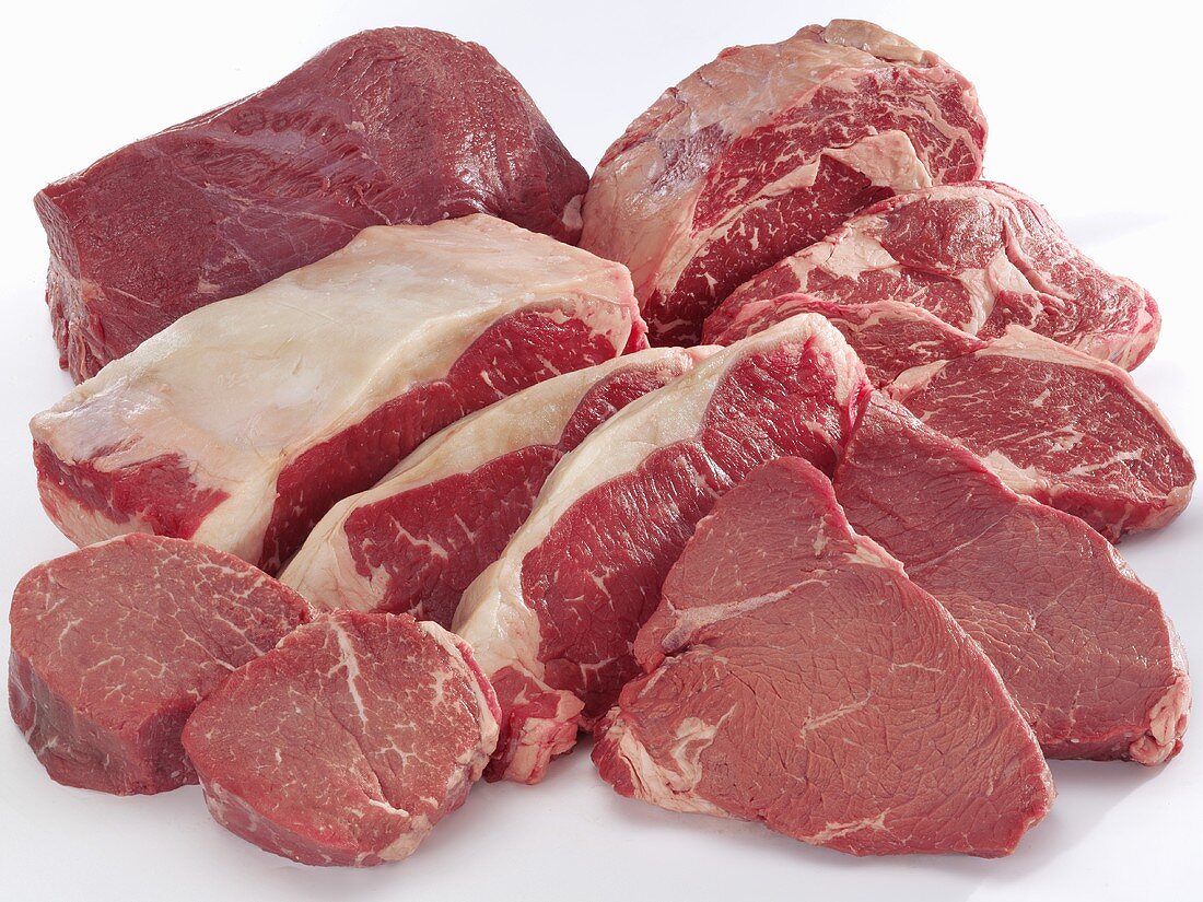 Various cuts of beef (fillet, loin, rump)