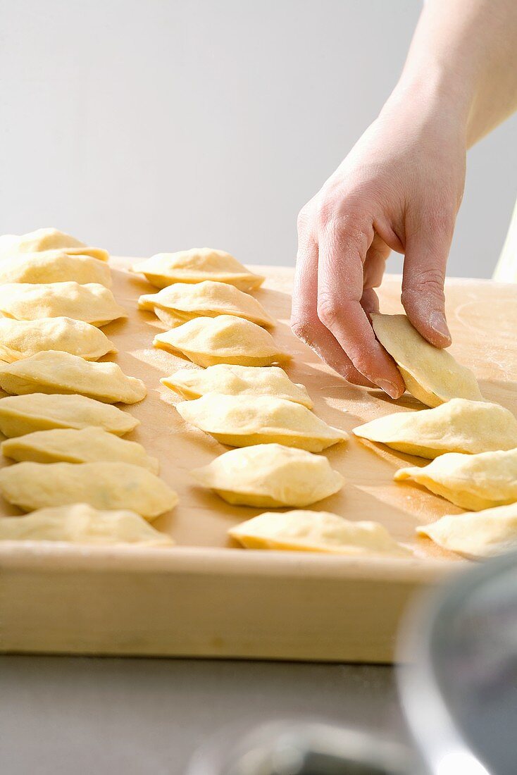 Ungebackene Piroggen (pikant gefüllte Teigtaschen)