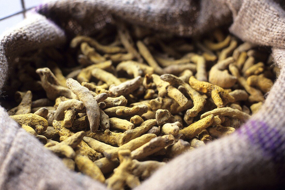 Turmeric roots in a sack