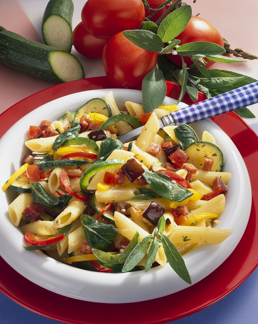 Penne with vegetables and Parma ham