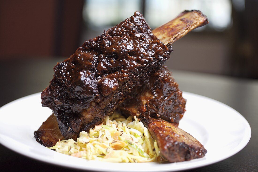 Grilled beef ribs with cabbage salad