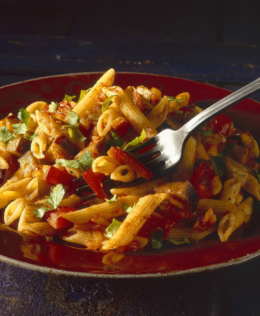 Penne with a sweet and sour aubergine sauce