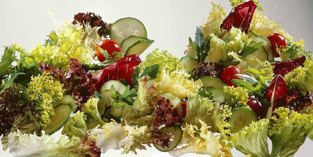 Mixed salad leaves with cucumber slices