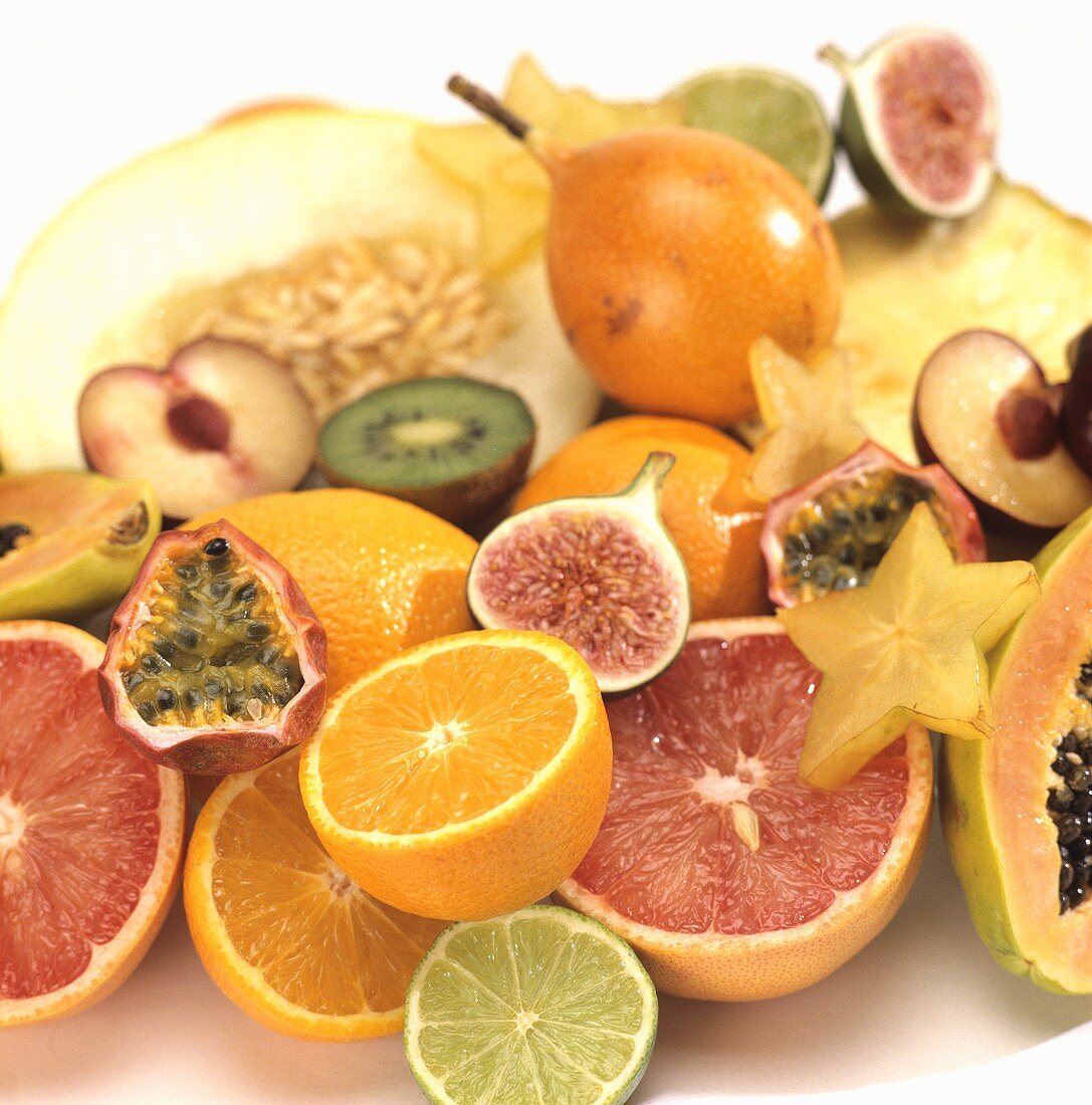 Still life with citrus fruit and exotic fruit