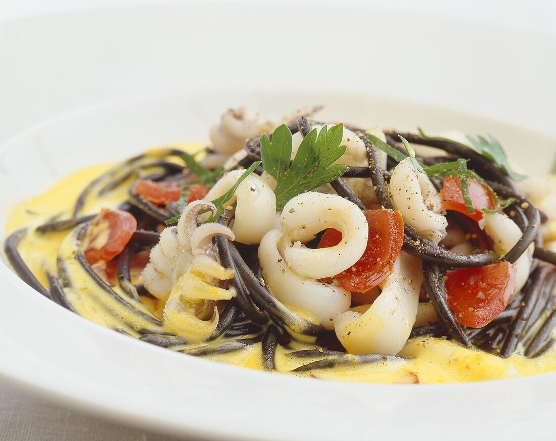 Black spaghetti with calamari