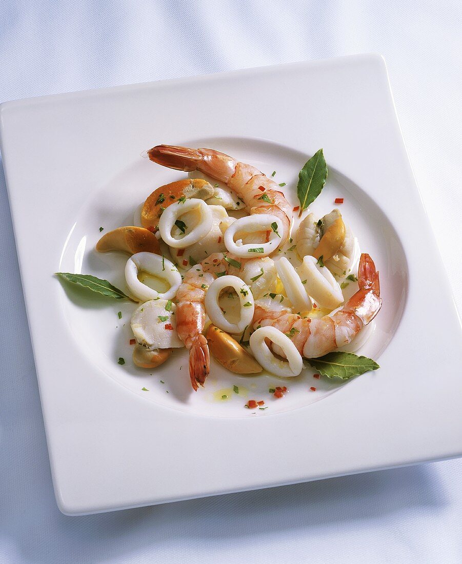 Seafood salad of squid, scallops and prawns