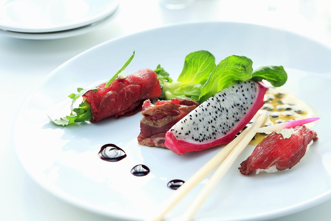 Appetiser plate with beef and pitahaya appetisers