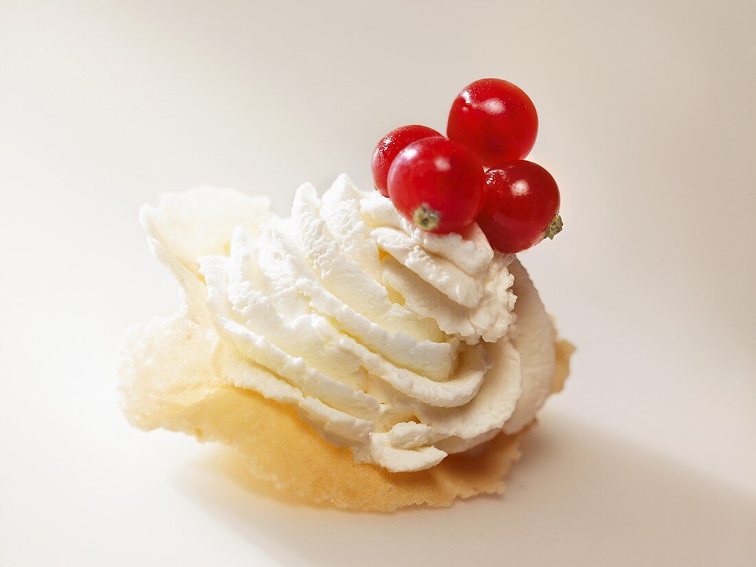 Brigidino (aniseed wafer, Tuscany) with whipped cream and redcurrants