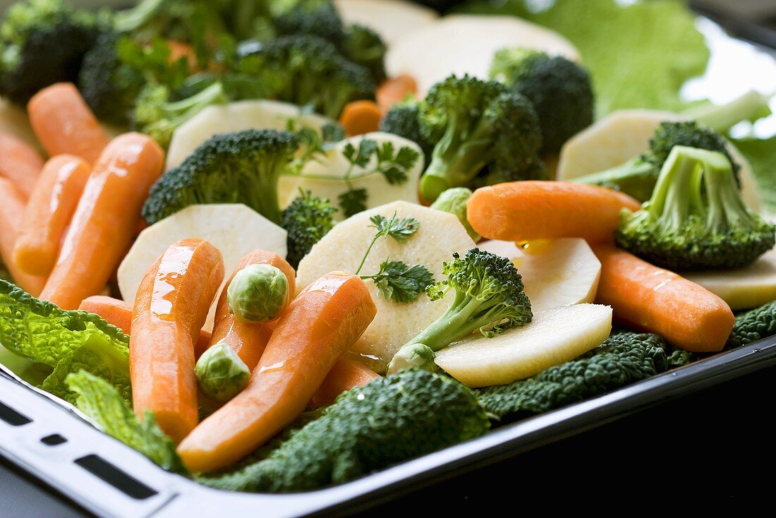 Mixed vegetables on a baking tray