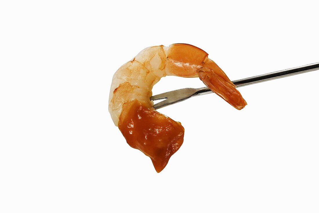 Shrimp Dipped in Cocktail Sauce on Fork; White Background