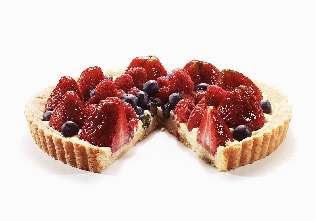 Berry Tart with Slice Removed; White Background