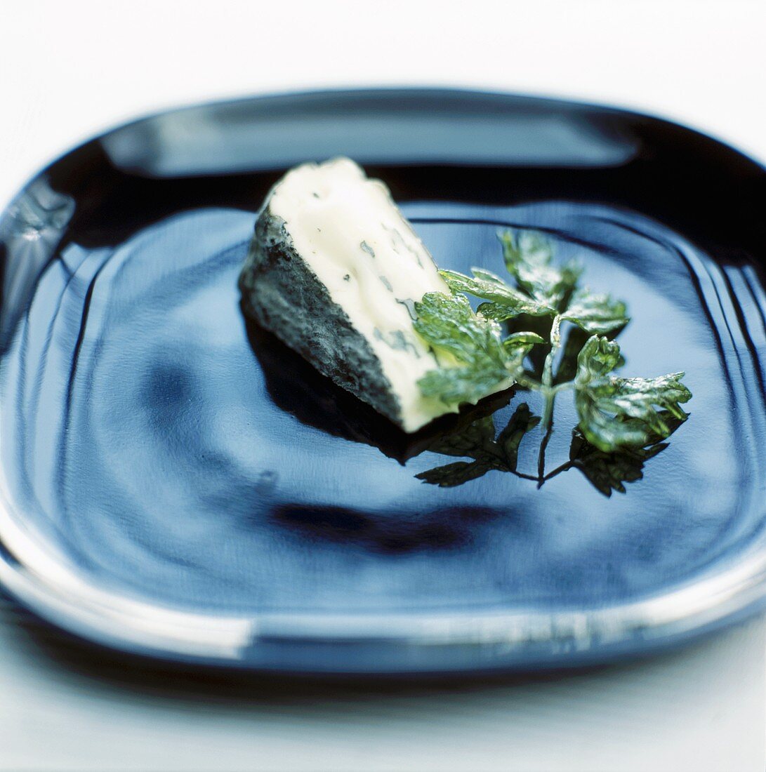 A piece of raw milk cheese with fried parsley
