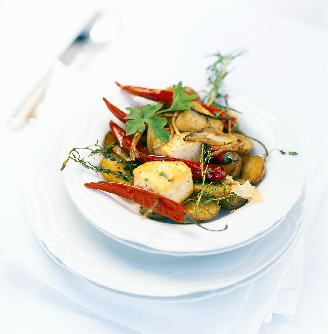 A butterfish with chilli pepper kebab on rosemary potatoes