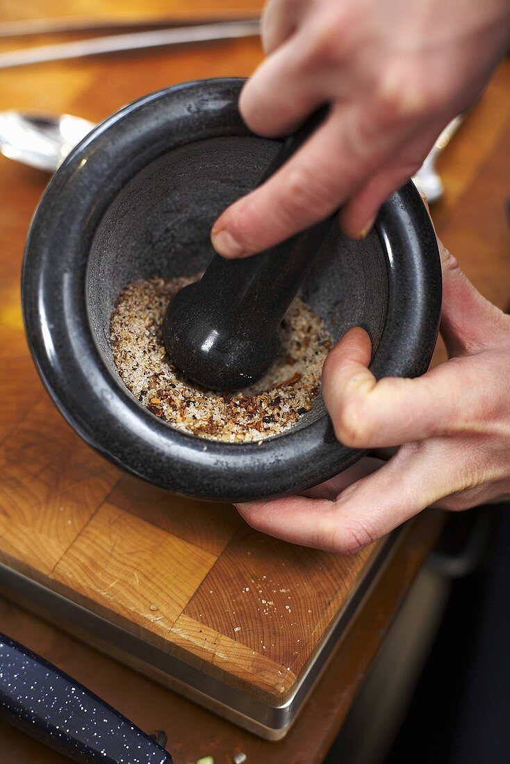Seasoned salt in a mortar