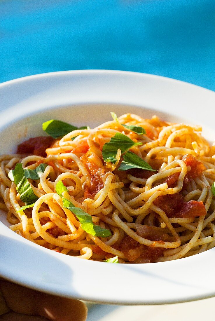 Spaghetti mit Tomatensauce und Basilikum