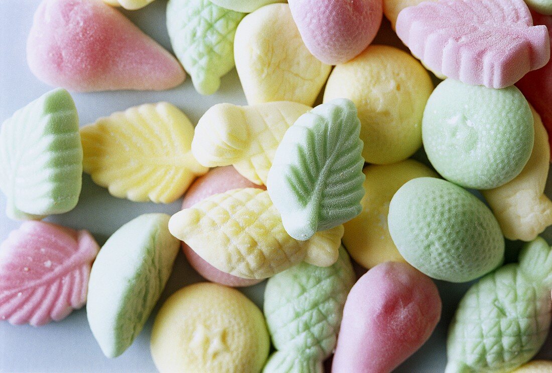 Pastel-coloured sweets from Sweden (overhead view)