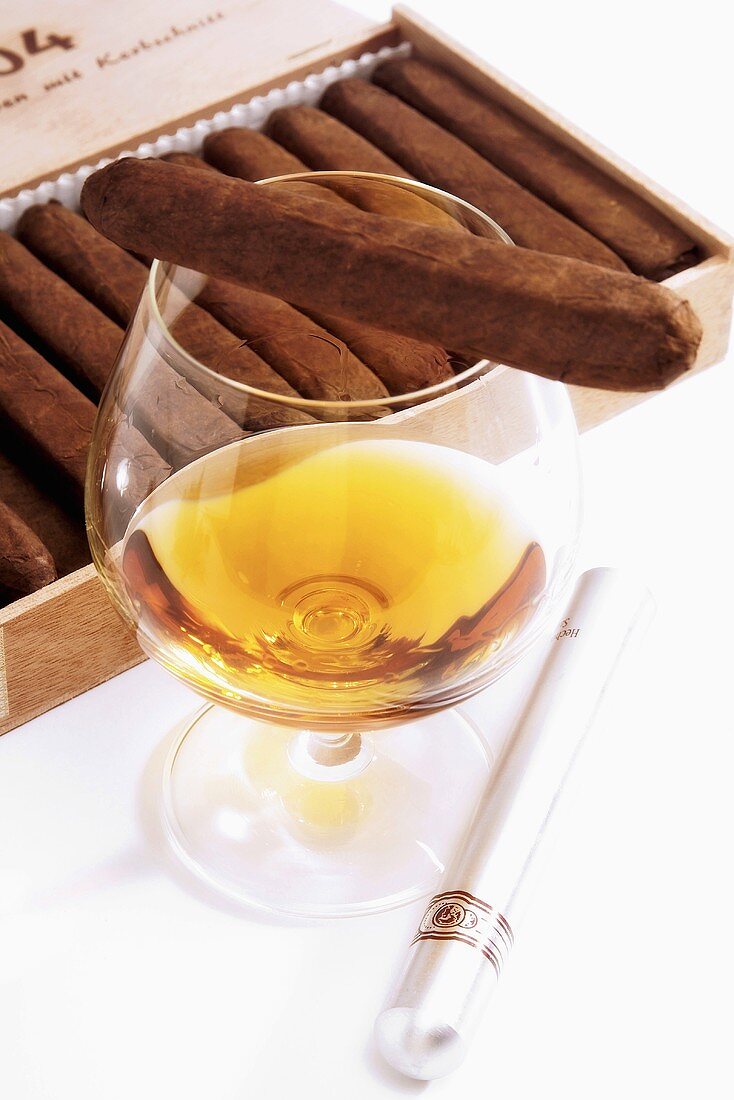 Glass of cognac and cigars