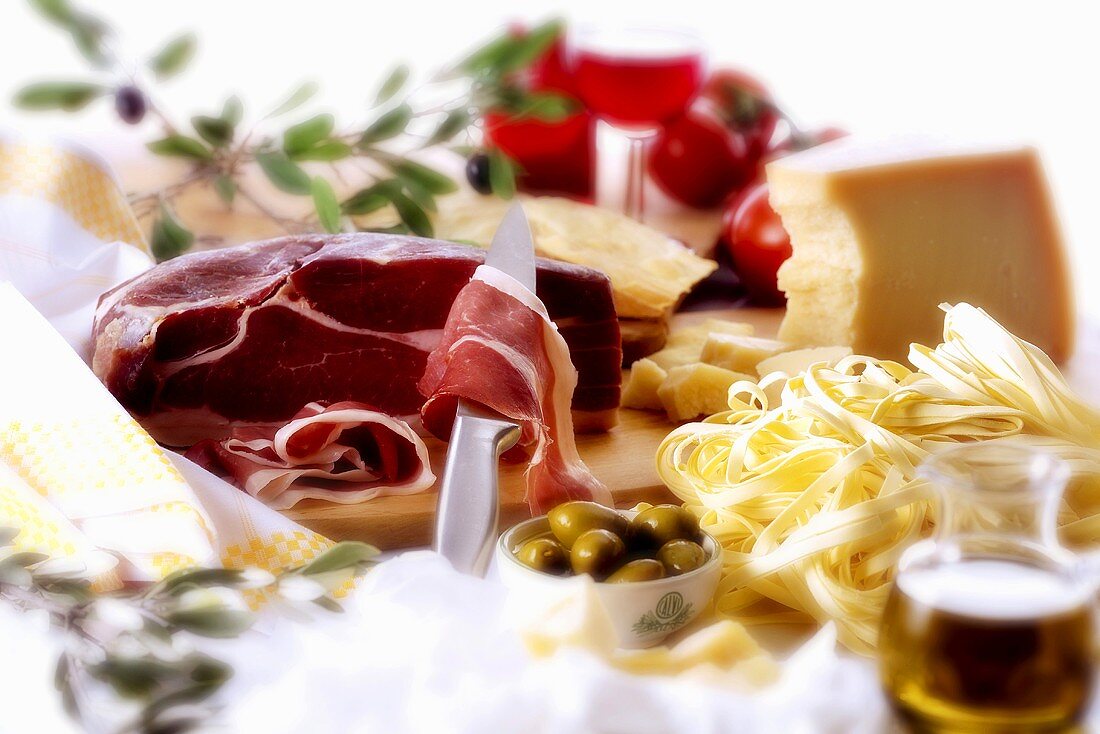 Parma ham, tagliatelle, Parmesan and olives