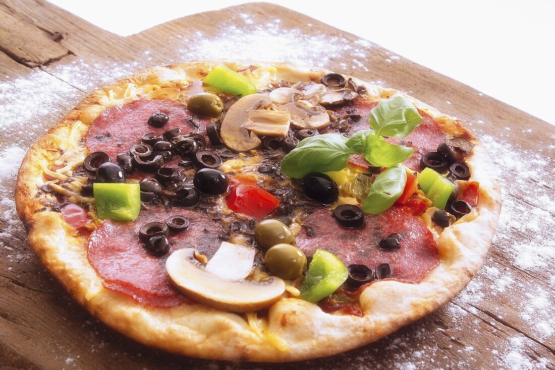Pizza topped with salami, mushrooms, olives & basil