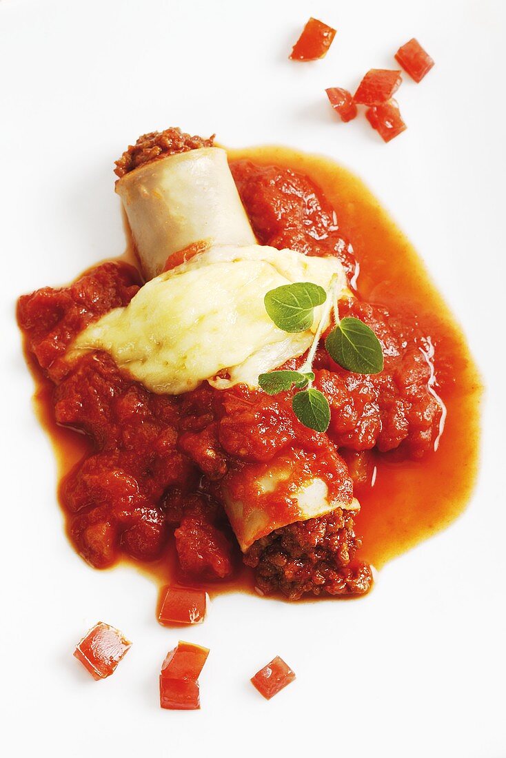 Cannelloni with mince filling, tomato sauce & melted cheese