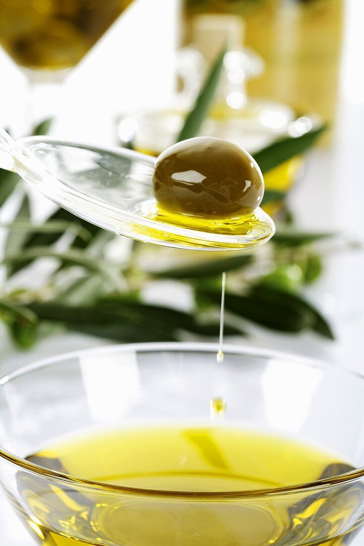 Olive und Olivenöl auf Plastiklöffel über Glasschale mit Olivenöl