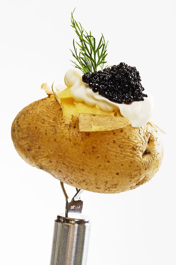 Potato with caviar, close-up