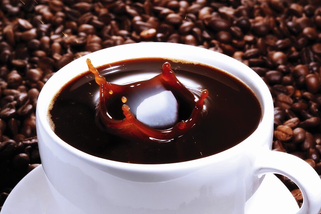 Zuckerwürfel fällt in Kaffeetasse