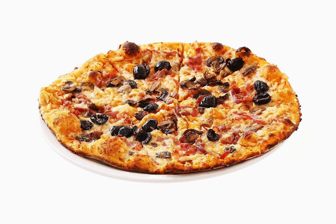 Mushroom, ham and olive pizza