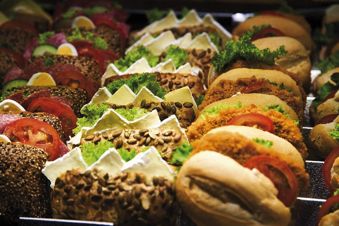 Many different sandwiches in rows