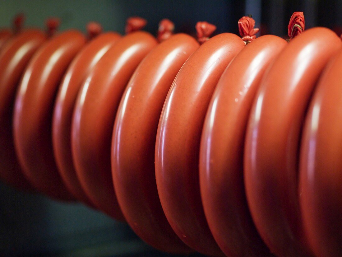Smoked sausage rings in a sausage factory