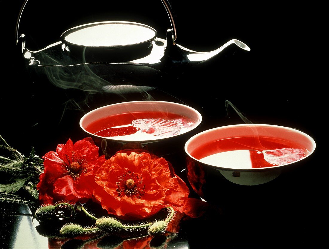 Rose Hip Tea; Teacups and Teapot